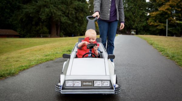 The cardboard DeLorean stroller